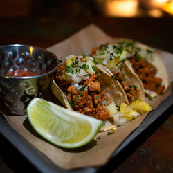 Close-up of food in plate on table