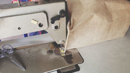 High angle view of equipment on table