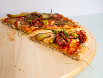 High angle view of pizza on table