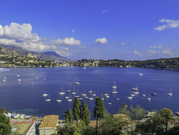 High angle view of bay against blue sky