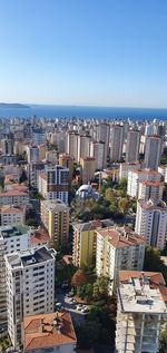 High angle view of buildings against clear sky