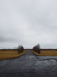 Road amidst trees on field against sky