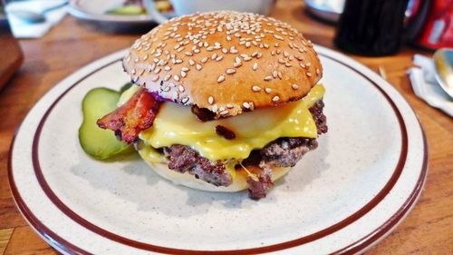 Close-up of burger in plate