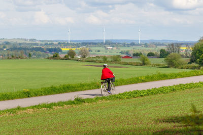 Rear view of man riding bicycle on field