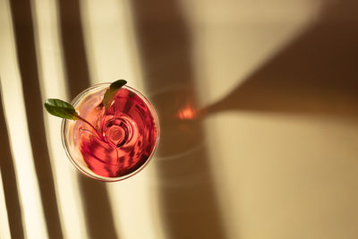 A glass of beet juice from fresh beet leaves in sunlight casting a shadow on a beige background.
