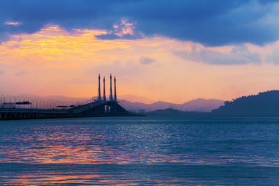 Scenic view of river against sky during sunset