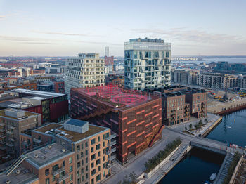 High angle view of buildings against sky in city