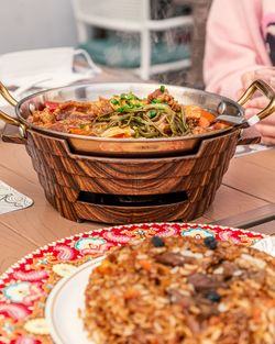 Close-up of food served on table