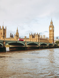 Bridge over river with buildings in background