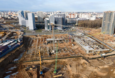 High angle view of buildings against sky in city