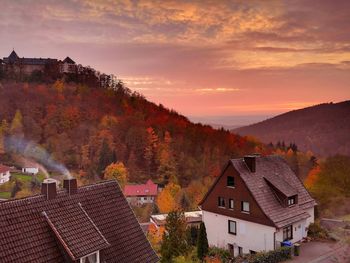 High angle view of townscape against sky during sunset