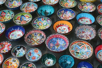 Full frame shot of multi colored bowls for sale in market