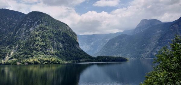 Scenic view of lake and mountains against sky