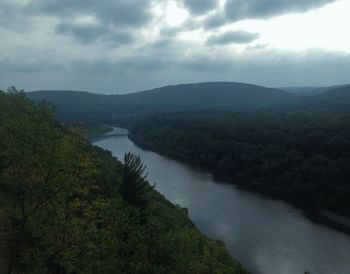 Scenic view of lake against cloudy sky