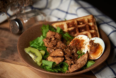 High angle view of food in plate on table