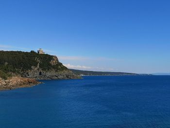 Scenic view of sea against clear blue sky