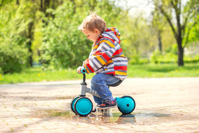 Portrait of boy playing with push scooter on road