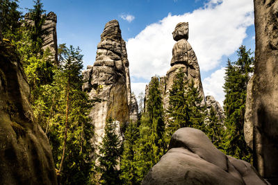 Low angle view of trees amidst rock formations against sky in forest