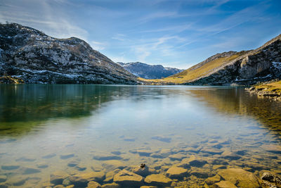 Scenic view of lake and mountains against sky