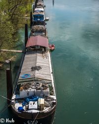 High angle view of ship sailing on river