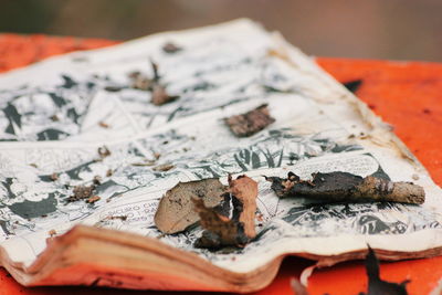 High angle view of a book on table