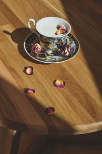 High angle view of tea on table