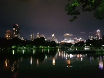 View of city lit up at night