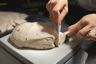 Women's hands carry out actions with raw bread. dough before dipping into a bakery oven