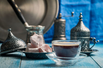 Close-up of tea in glass on table
