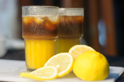 Close-up of beer in glass on table