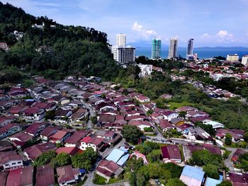 High angle view of cityscape against sky