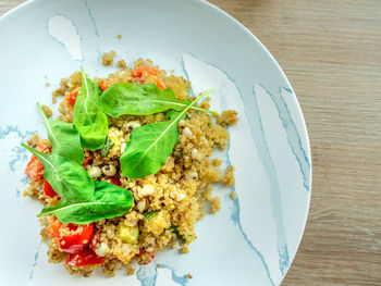 High angle view of breakfast served in plate