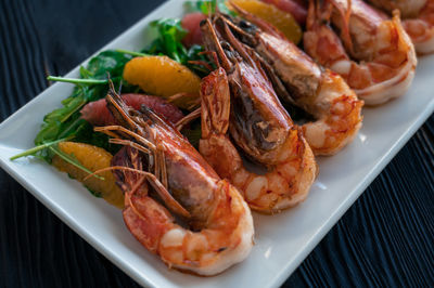 Close-up of seafood in plate on table