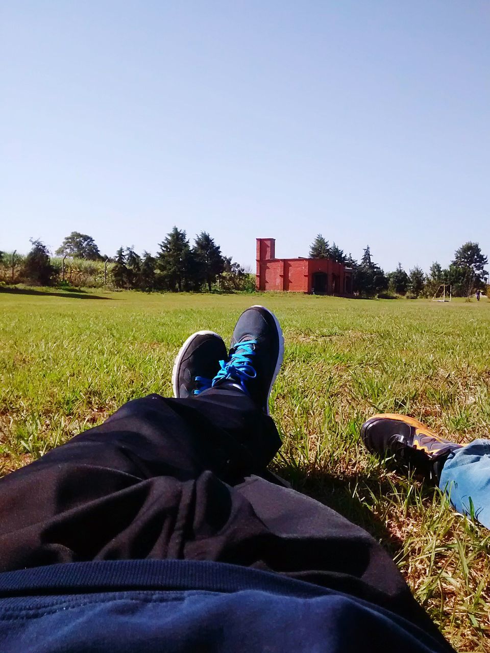 grass, clear sky, field, men, lifestyles, personal perspective, low section, leisure activity, grassy, shoe, copy space, sitting, person, unrecognizable person, green color, landscape, relaxation, sunlight