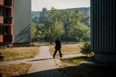 Rear view of businessman walking on footpath by buildings