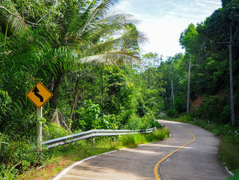 Road sign by trees against sky