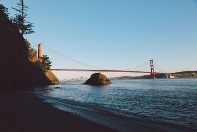 View of suspension bridge over river