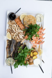 High angle view of meal served on table