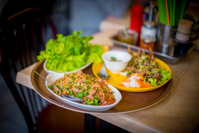 High angle view of meal served on table