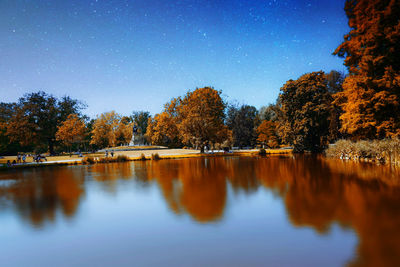 Scenic view of lake against clear blue sky during autumn