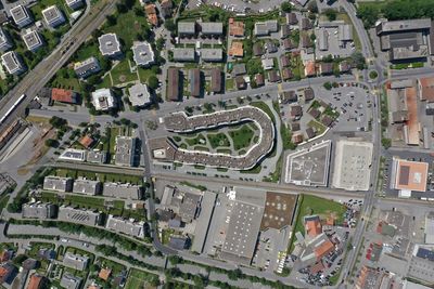 High angle view of buildings in city