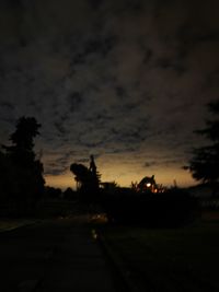 Road by silhouette trees against sky at night