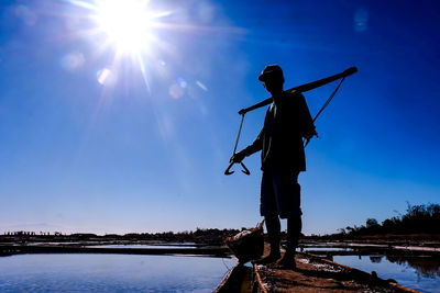 Silhouette man standing on boat in lake against clear blue sky
