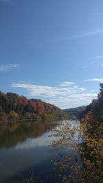 Scenic view of lake by trees against blue sky