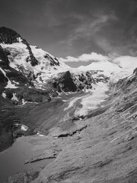 Scenic view of a melting glacier in black and white