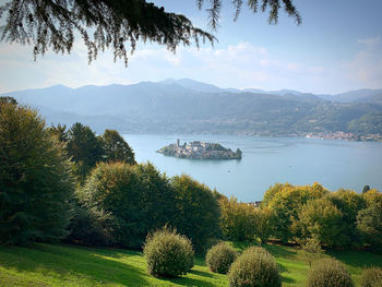 Scenic view of lake by trees against sky