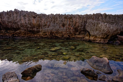Rocks in water against sky