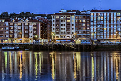 Reflection of buildings in water against clear sky