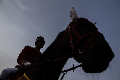 Low angle view of honor guard riding horse against sky