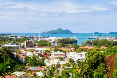 Overlook of colourful seychelles capital victoria, mahe island